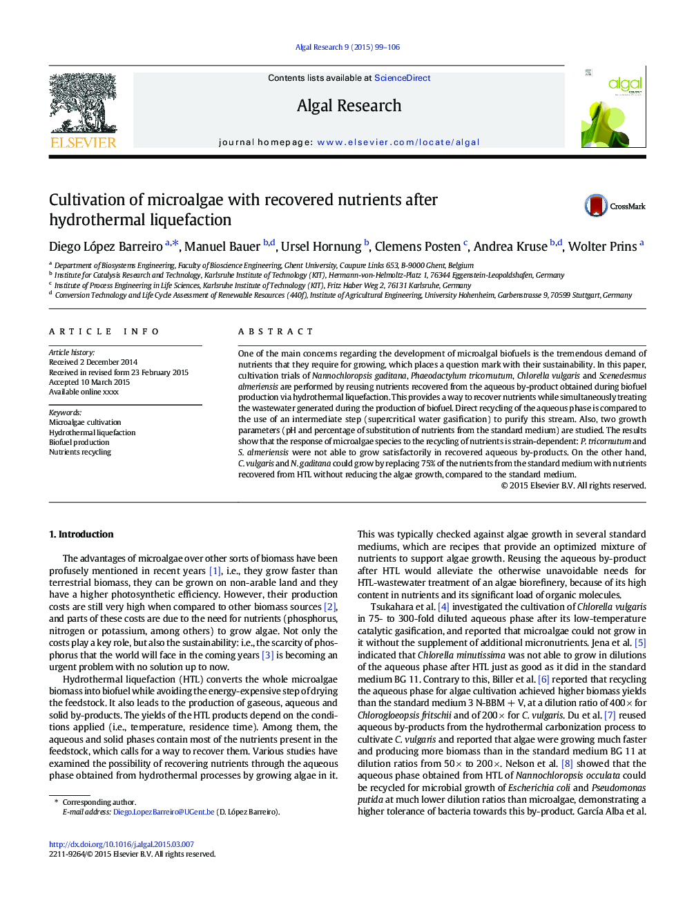 Cultivation of microalgae with recovered nutrients after hydrothermal liquefaction