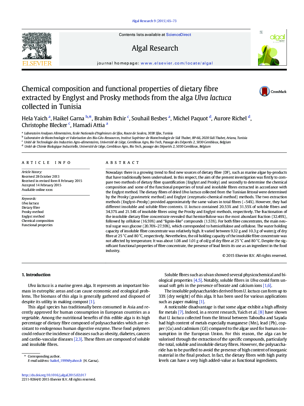 Chemical composition and functional properties of dietary fibre extracted by Englyst and Prosky methods from the alga Ulva lactuca collected in Tunisia
