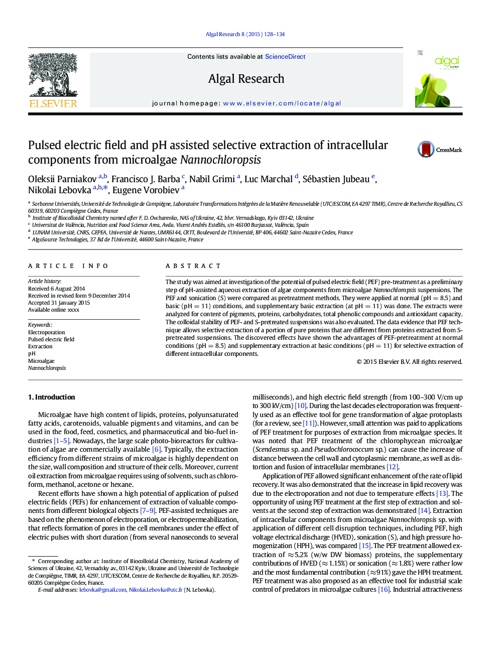 Pulsed electric field and pH assisted selective extraction of intracellular components from microalgae Nannochloropsis