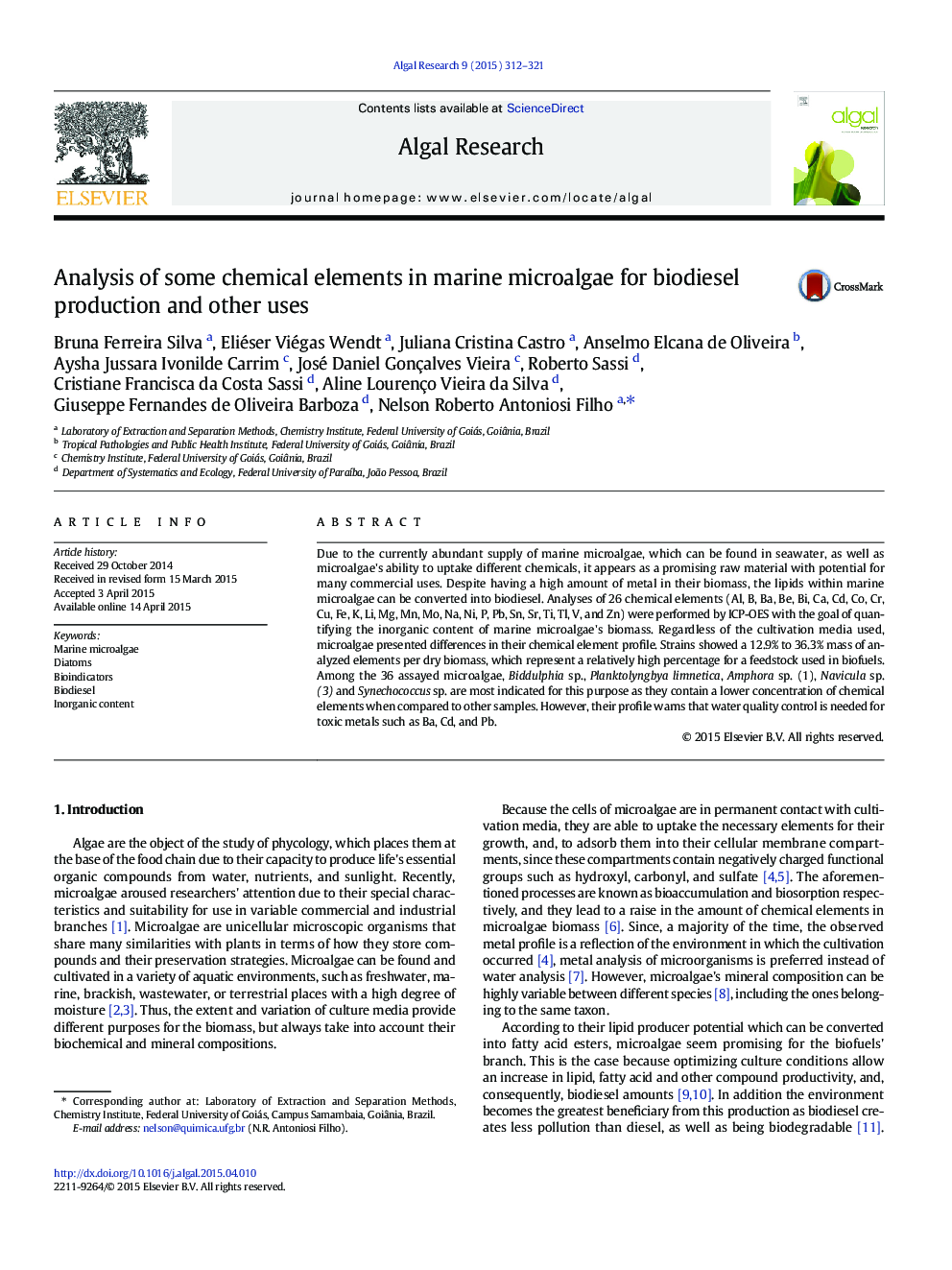 Analysis of some chemical elements in marine microalgae for biodiesel production and other uses