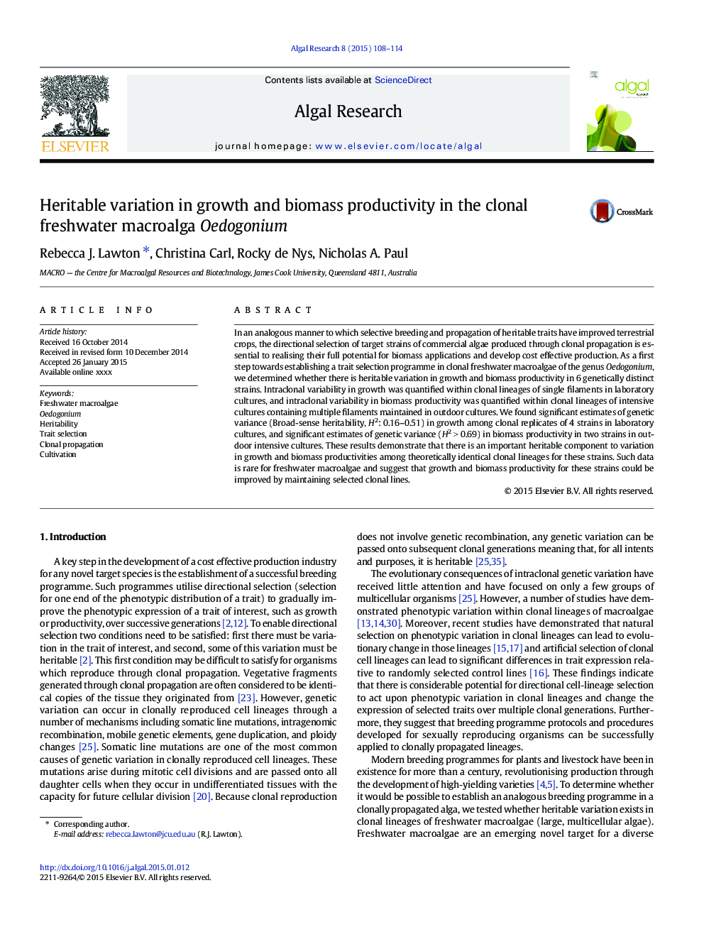 Heritable variation in growth and biomass productivity in the clonal freshwater macroalga Oedogonium