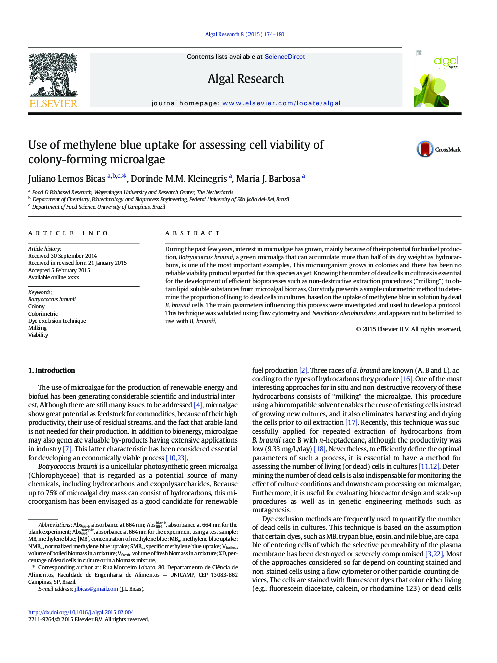 Use of methylene blue uptake for assessing cell viability of colony-forming microalgae