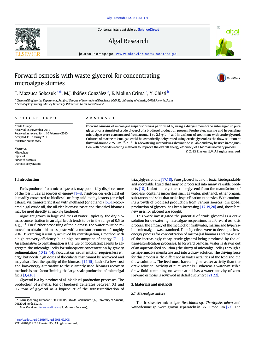 Forward osmosis with waste glycerol for concentrating microalgae slurries