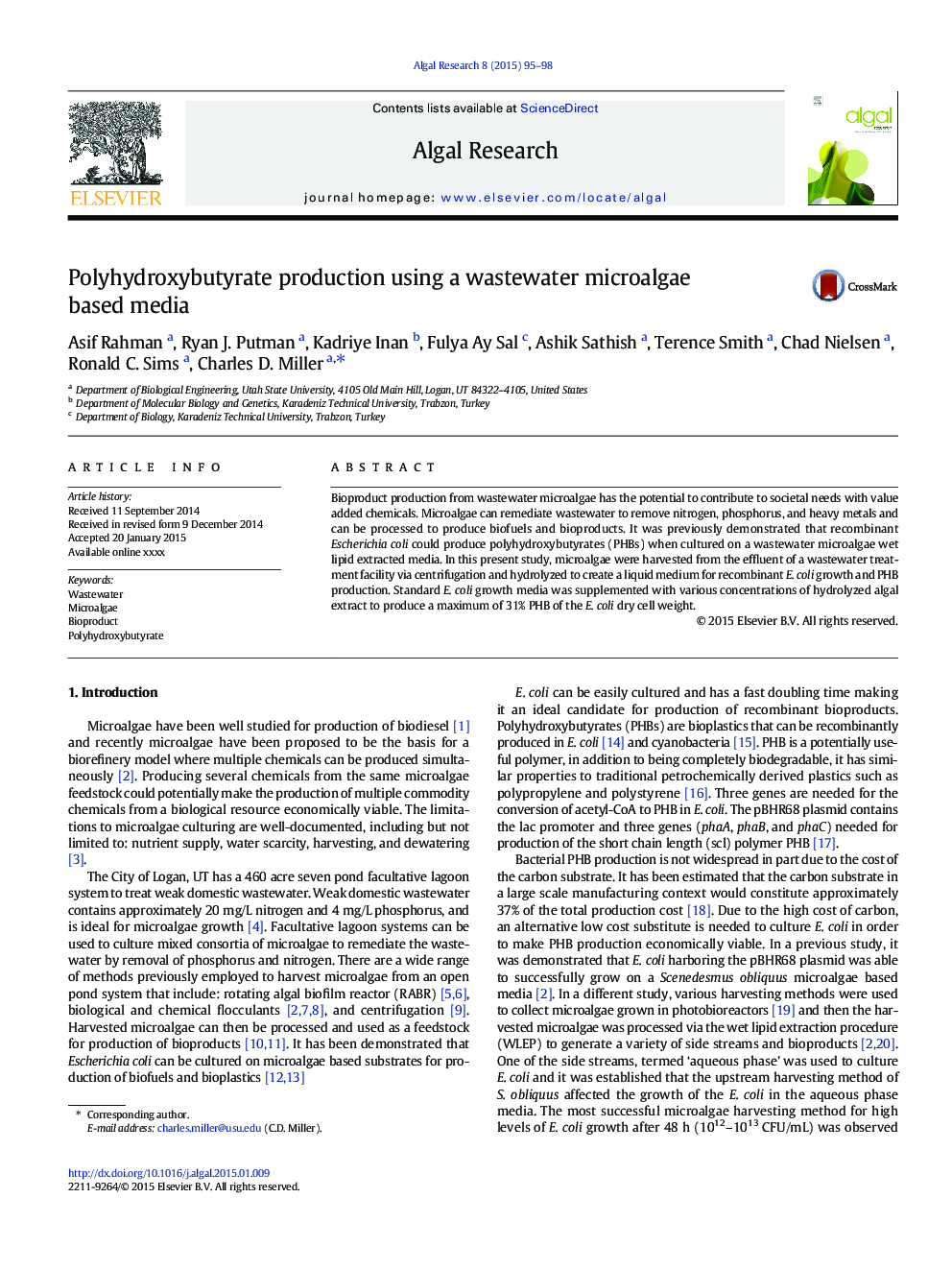 Polyhydroxybutyrate production using a wastewater microalgae based media