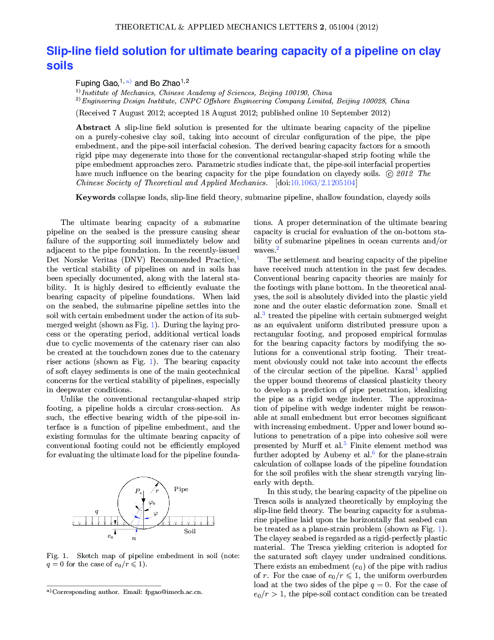 Slip-line field solution for ultimate bearing capacity of a pipeline on clay soils