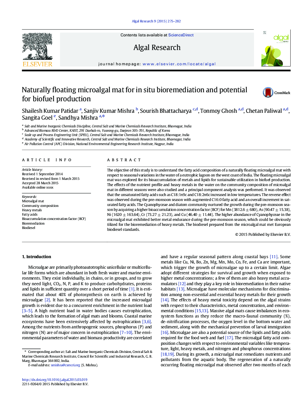 Naturally floating microalgal mat for in situ bioremediation and potential for biofuel production