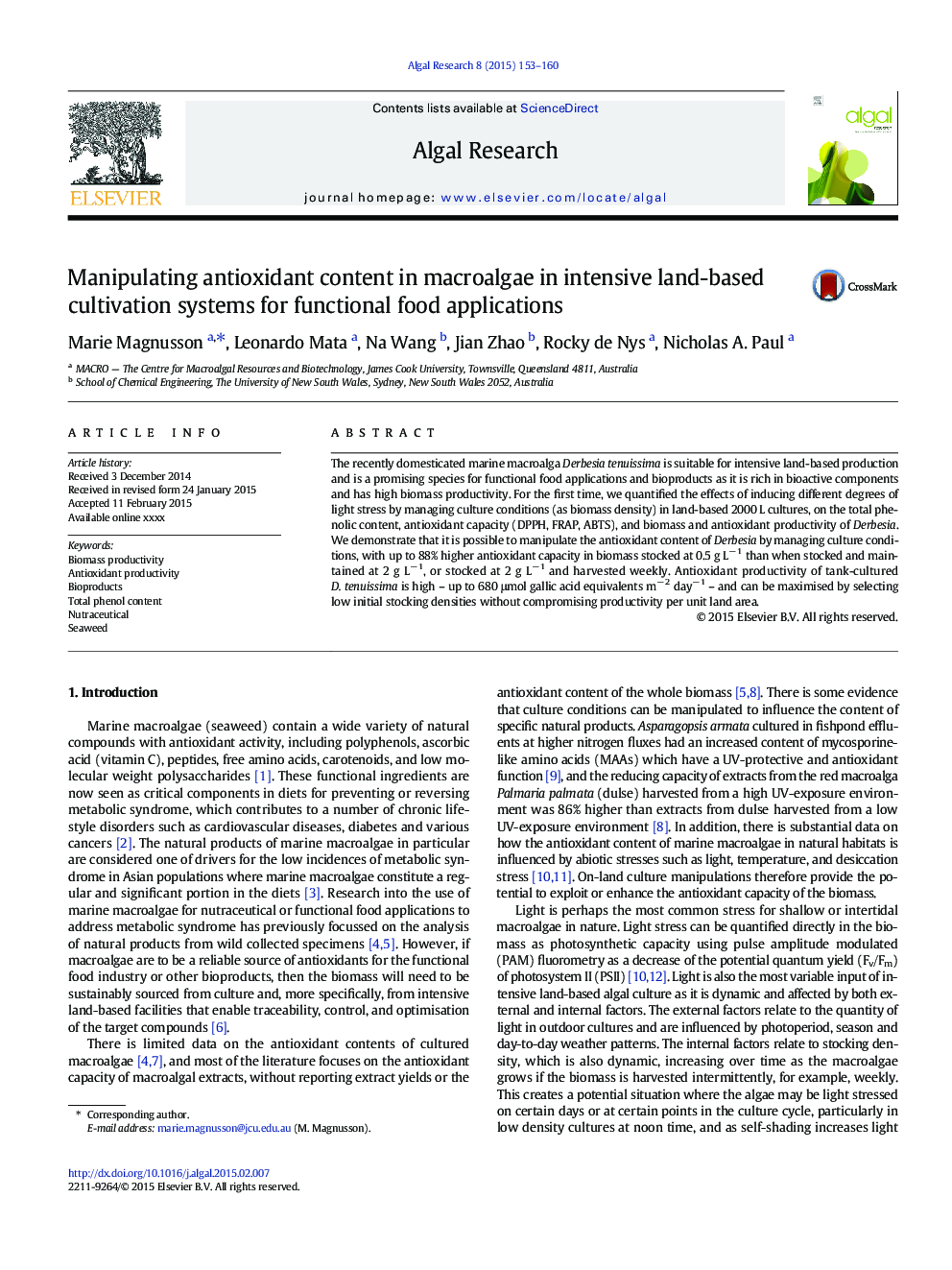 Manipulating antioxidant content in macroalgae in intensive land-based cultivation systems for functional food applications