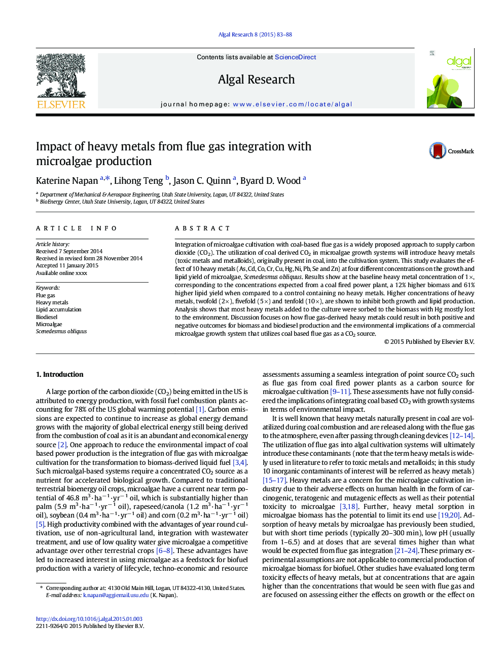 Impact of heavy metals from flue gas integration with microalgae production