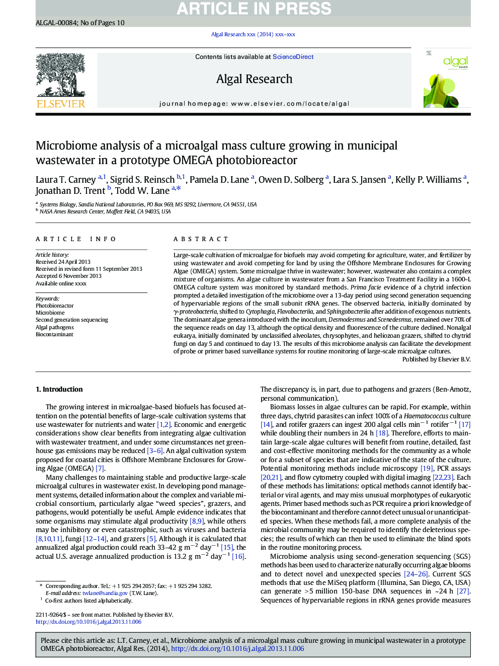 Microbiome analysis of a microalgal mass culture growing in municipal wastewater in a prototype OMEGA photobioreactor