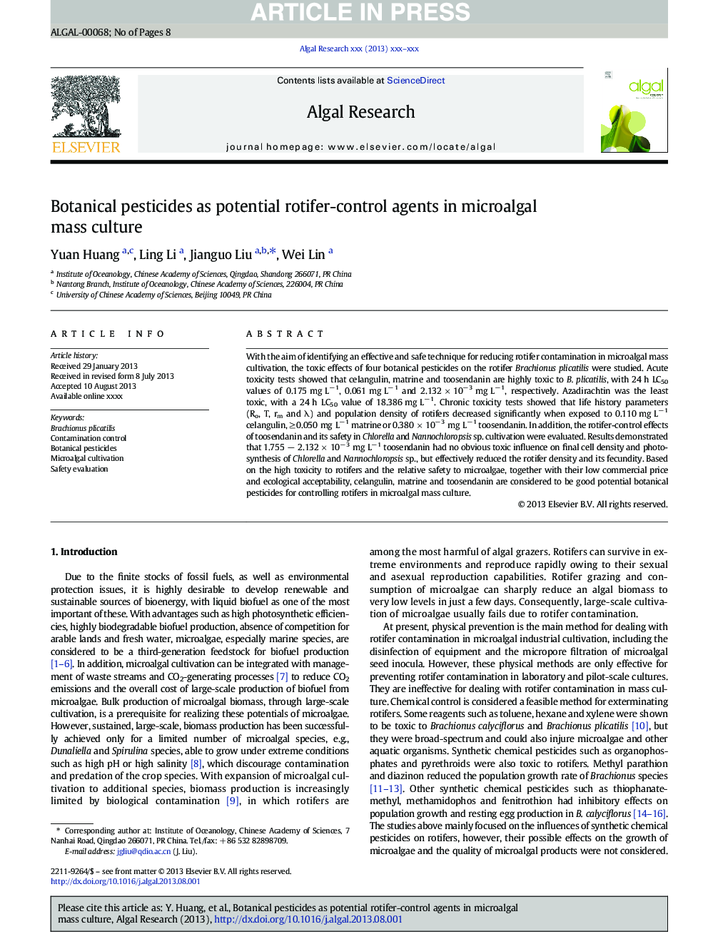 Botanical pesticides as potential rotifer-control agents in microalgal mass culture