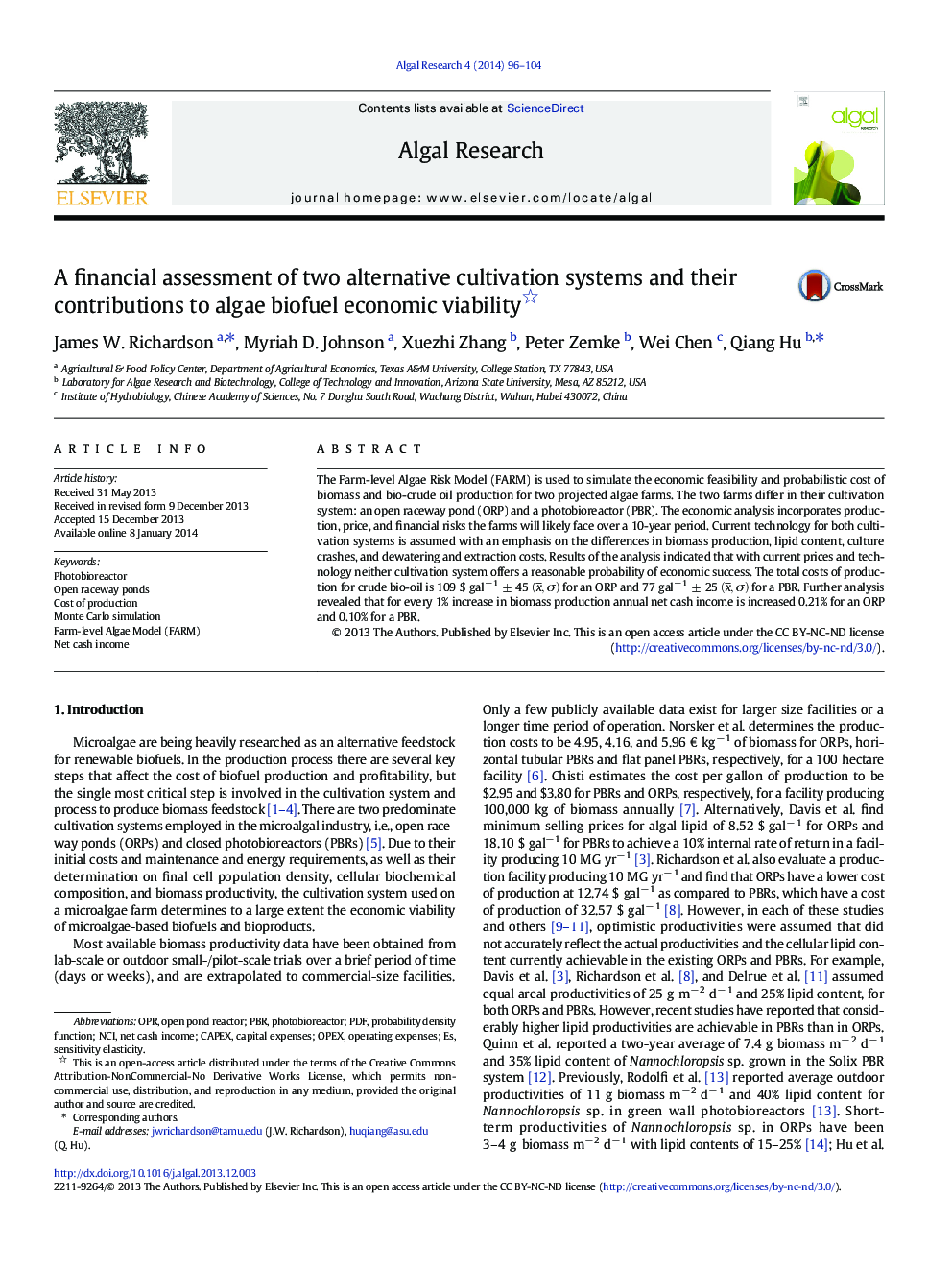 A financial assessment of two alternative cultivation systems and their contributions to algae biofuel economic viability