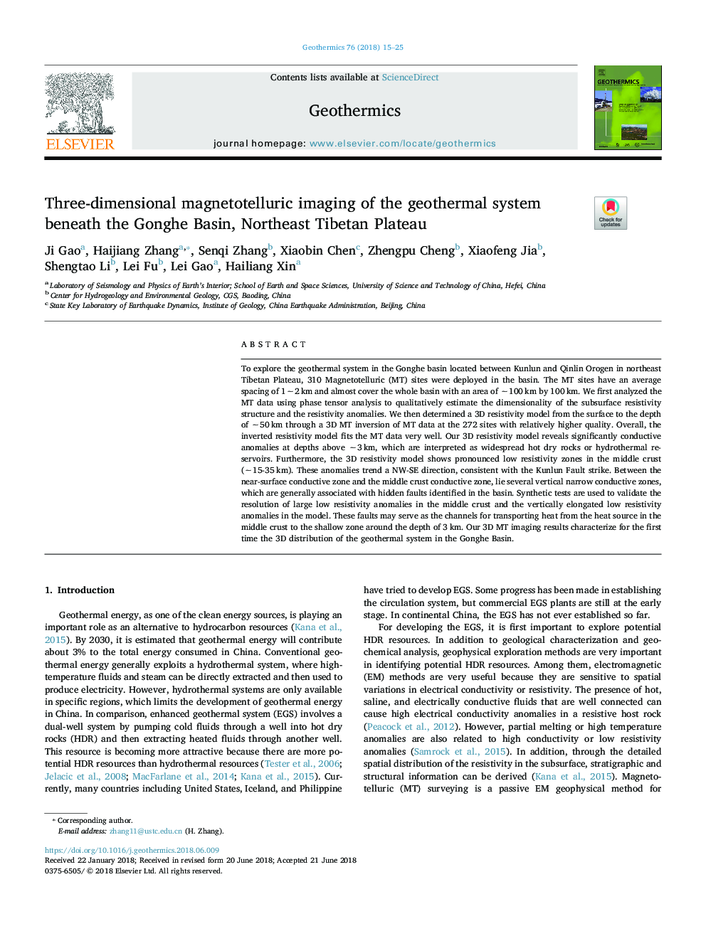 Three-dimensional magnetotelluric imaging of the geothermal system beneath the Gonghe Basin, Northeast Tibetan Plateau