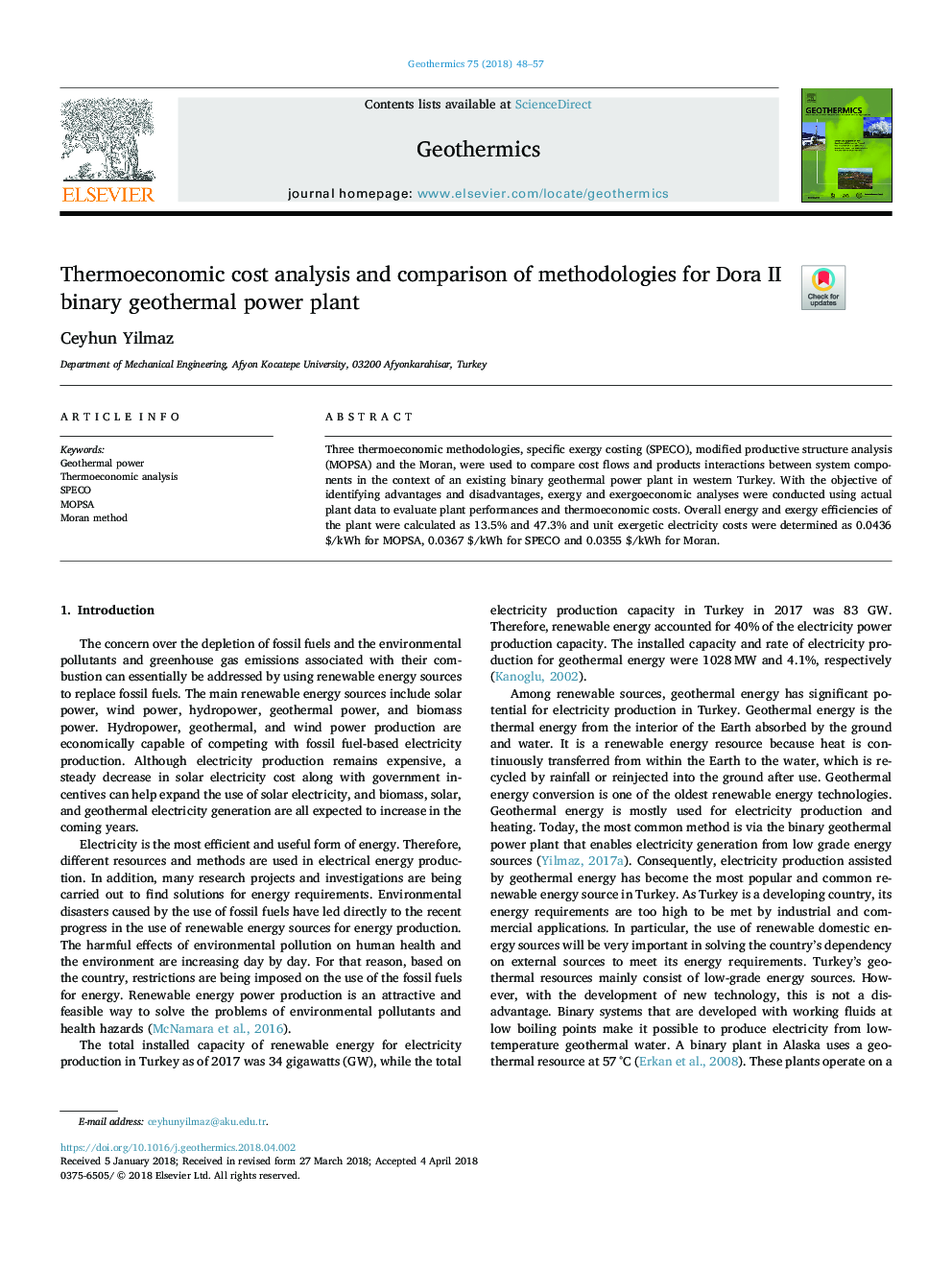 Thermoeconomic cost analysis and comparison of methodologies for Dora II binary geothermal power plant