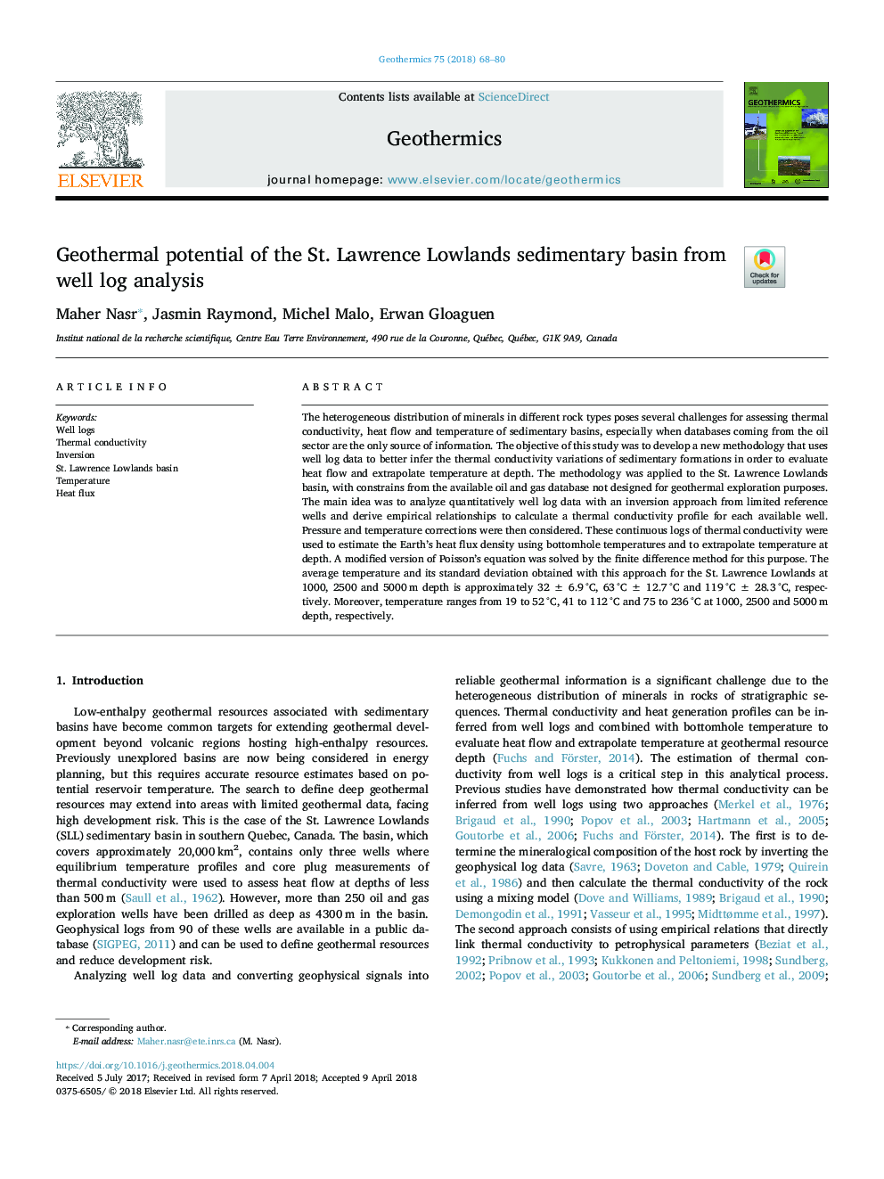 Geothermal potential of the St. Lawrence Lowlands sedimentary basin from well log analysis