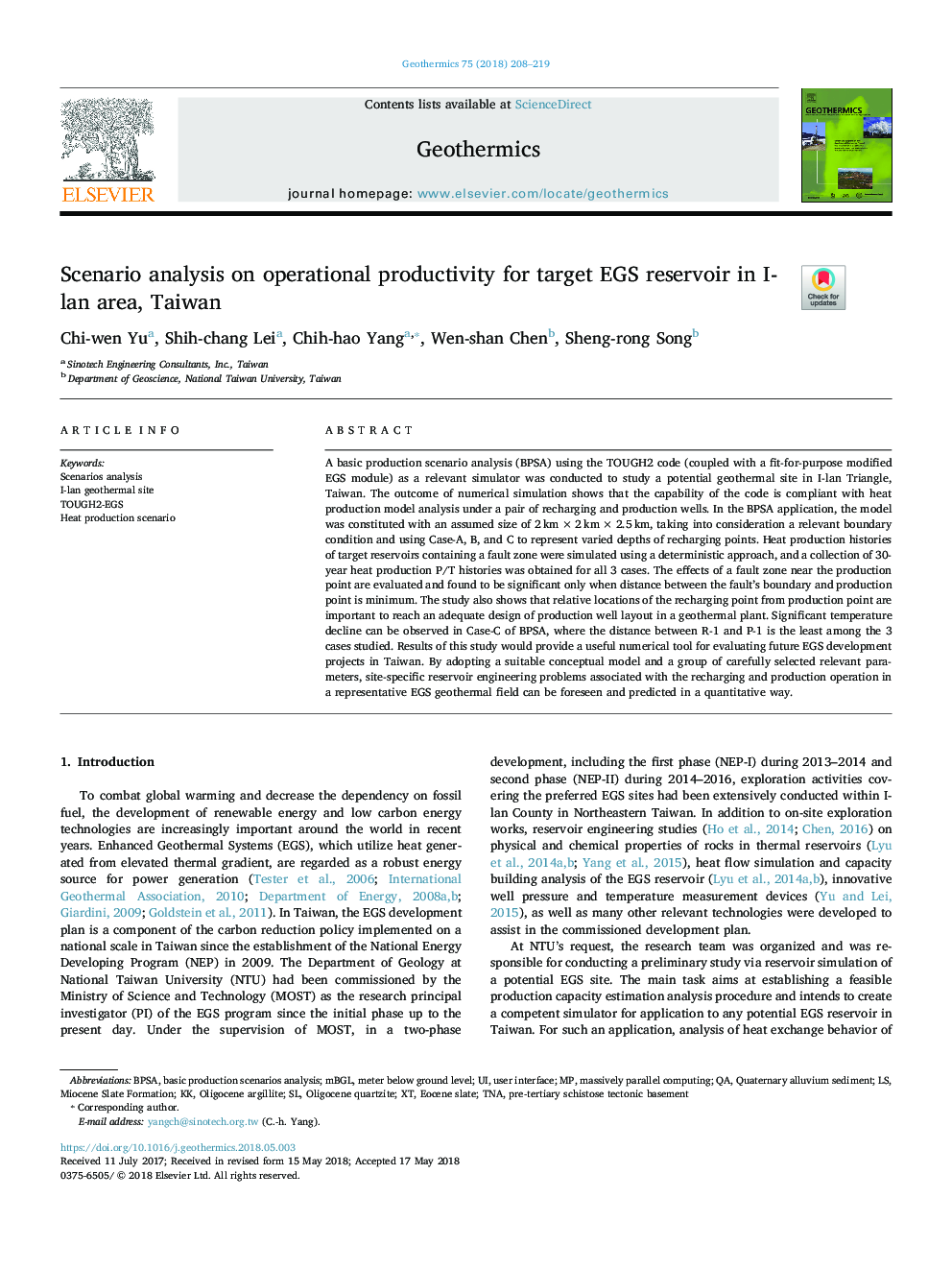 Scenario analysis on operational productivity for target EGS reservoir in I-lan area, Taiwan