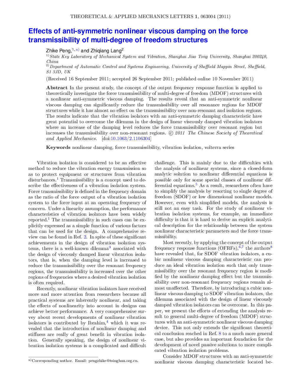 Effects of anti-symmetric nonlinear viscous damping on the force transmissibility of multi-degree of freedom structures
