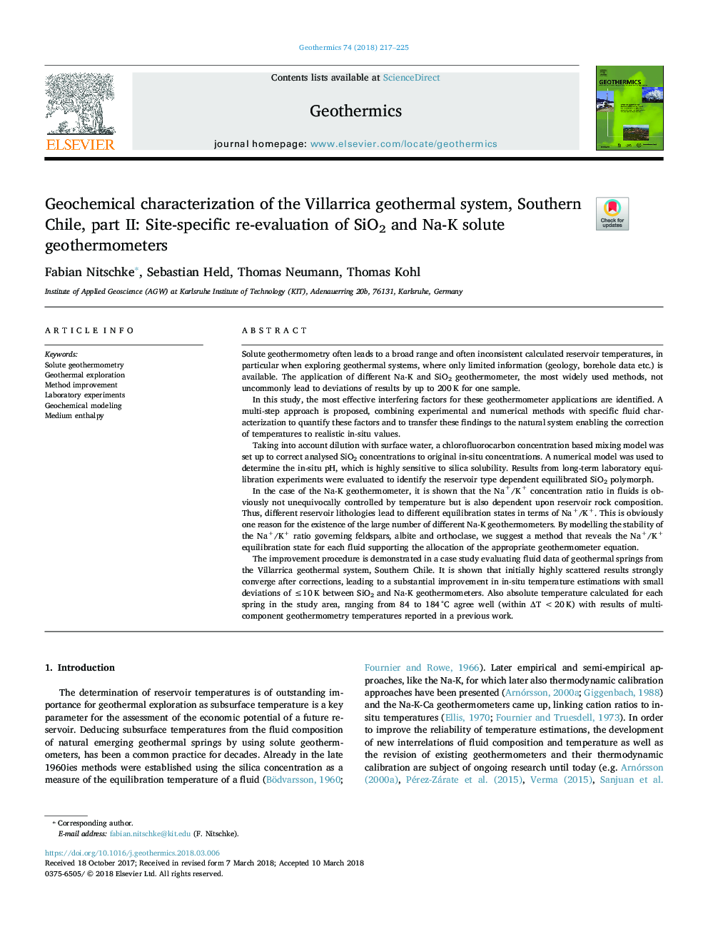 Geochemical characterization of the Villarrica geothermal system, Southern Chile, part II: Site-specific re-evaluation of SiO2 and Na-K solute geothermometers