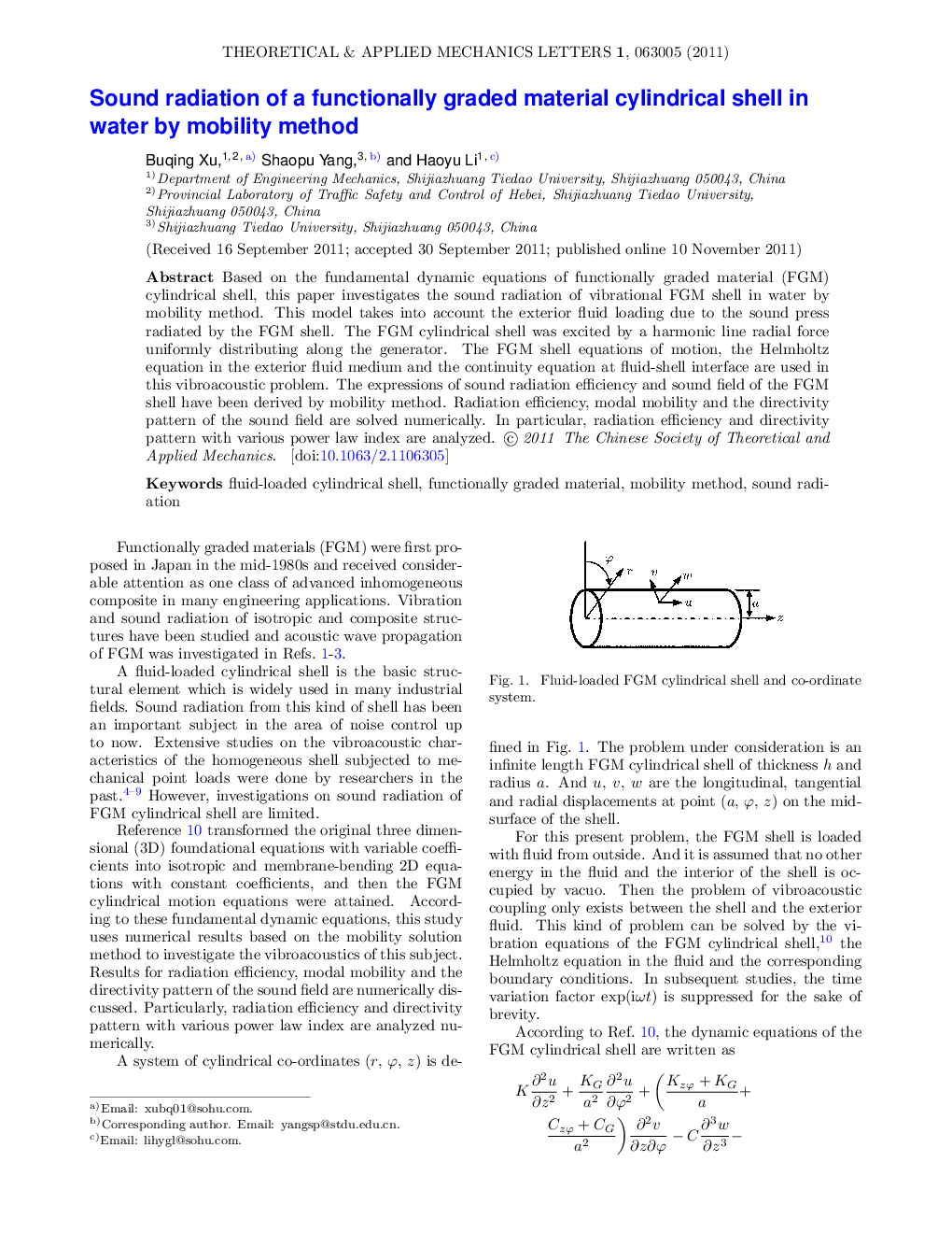 Sound radiation of a functionally graded material cylindrical shell in water by mobility method