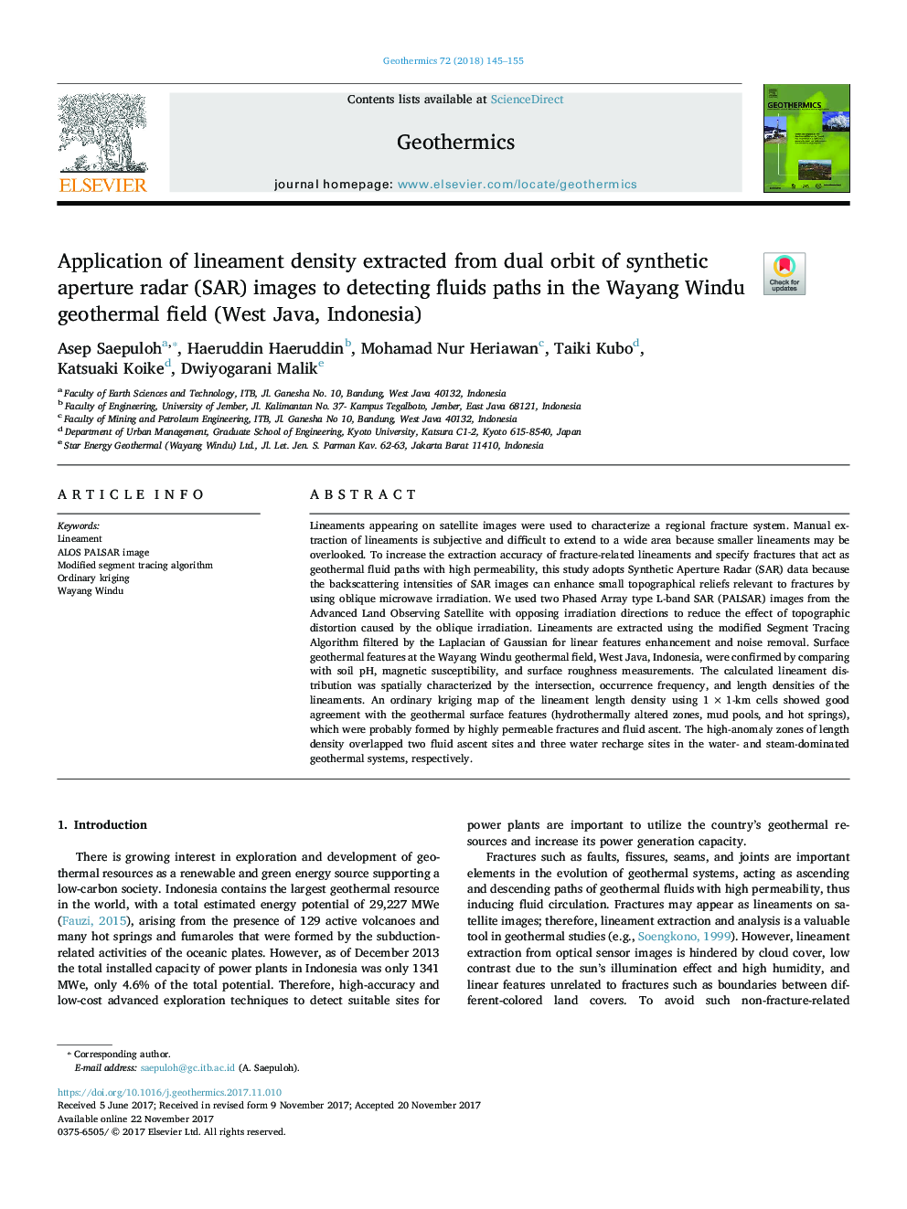 Application of lineament density extracted from dual orbit of synthetic aperture radar (SAR) images to detecting fluids paths in the Wayang Windu geothermal field (West Java, Indonesia)