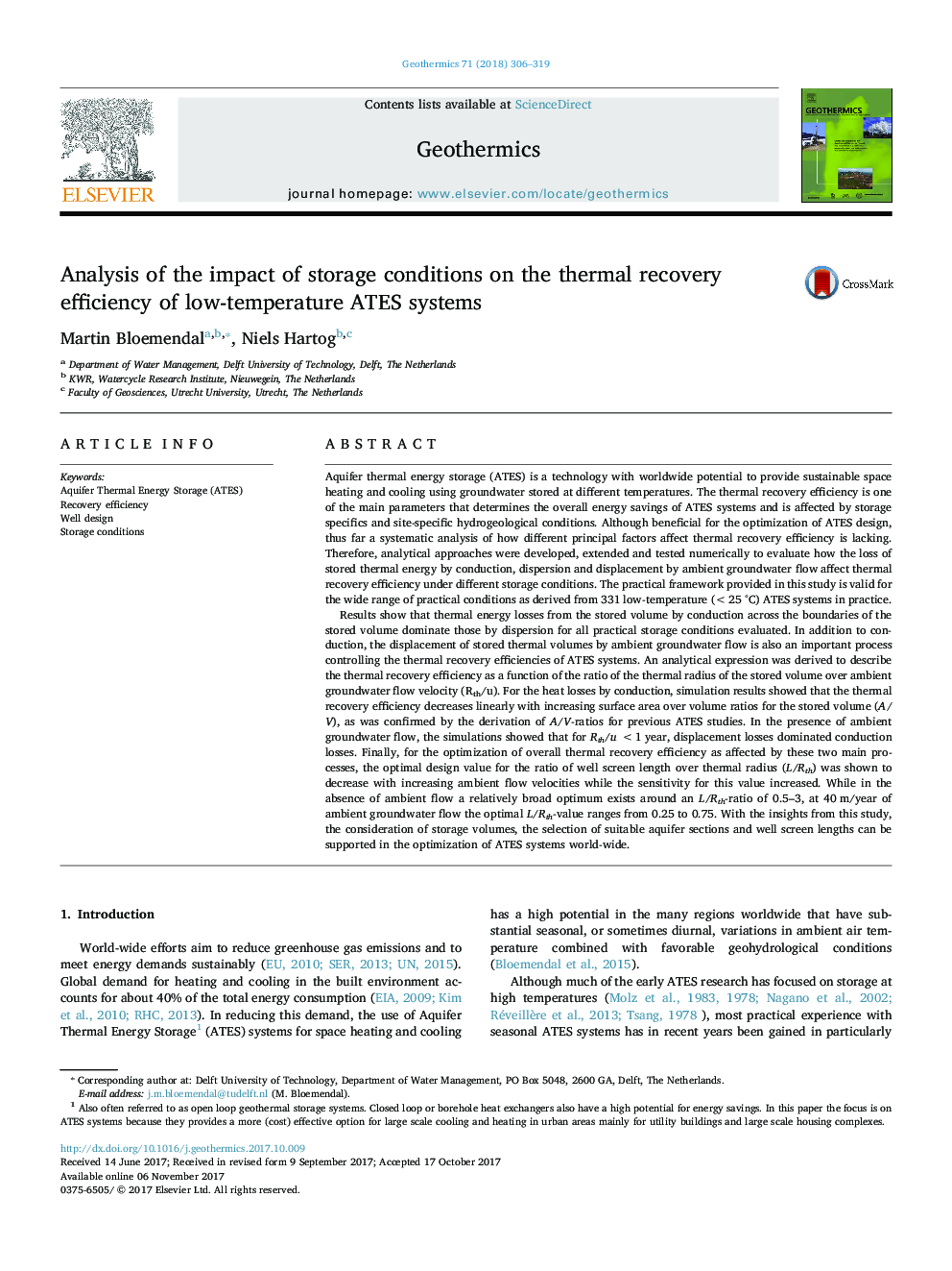 Analysis of the impact of storage conditions on the thermal recovery efficiency of low-temperature ATES systems