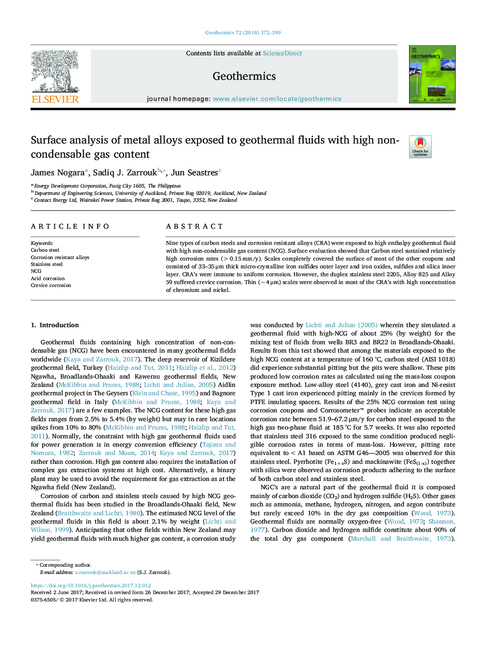 Surface analysis of metal alloys exposed to geothermal fluids with high non-condensable gas content