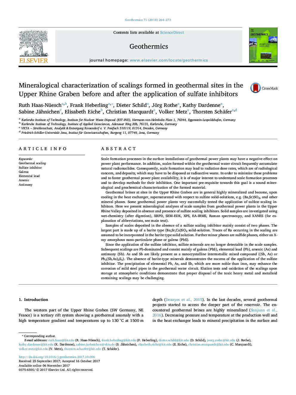 Mineralogical characterization of scalings formed in geothermal sites in the Upper Rhine Graben before and after the application of sulfate inhibitors
