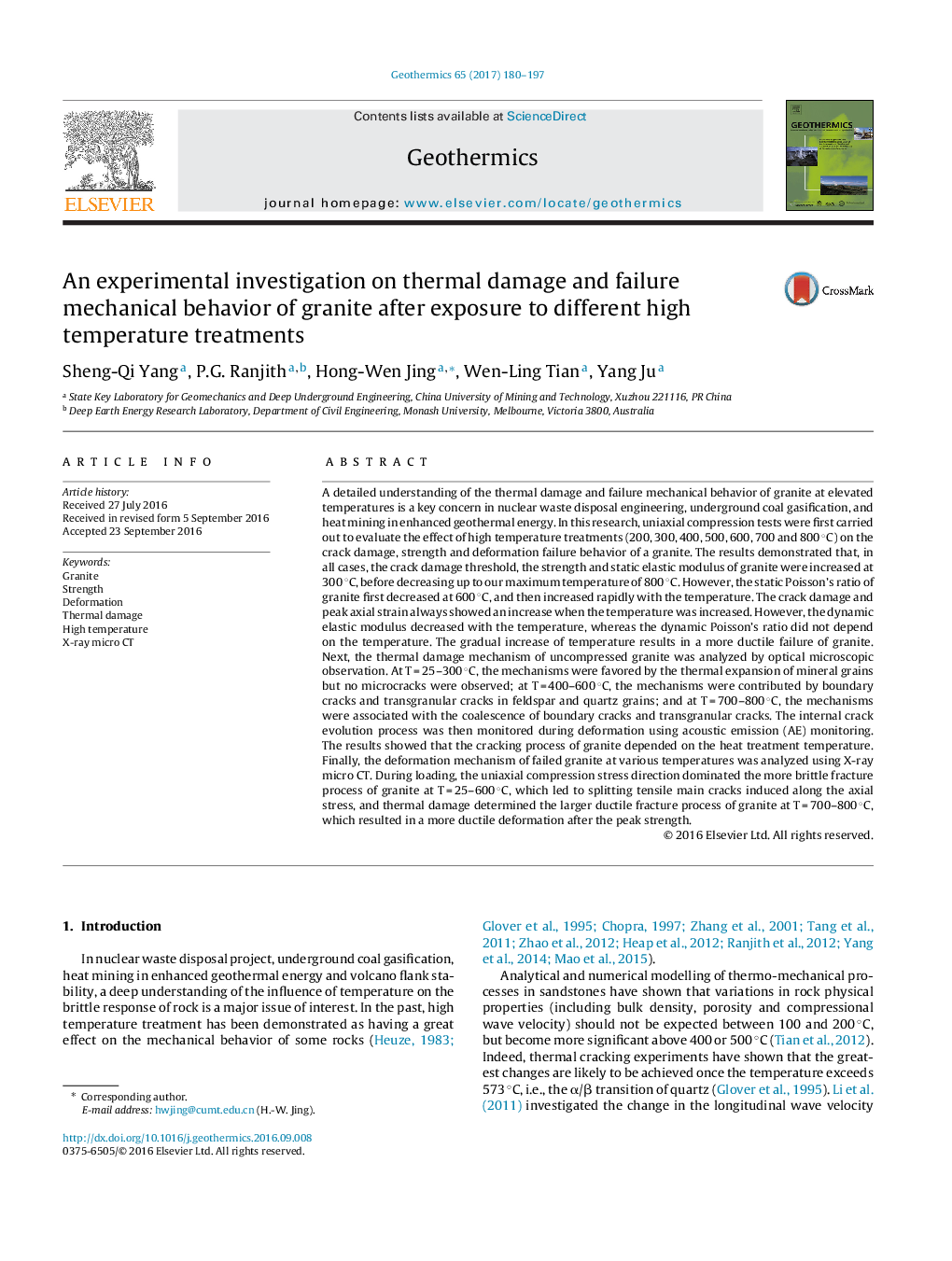 An experimental investigation on thermal damage and failure mechanical behavior of granite after exposure to different high temperature treatments