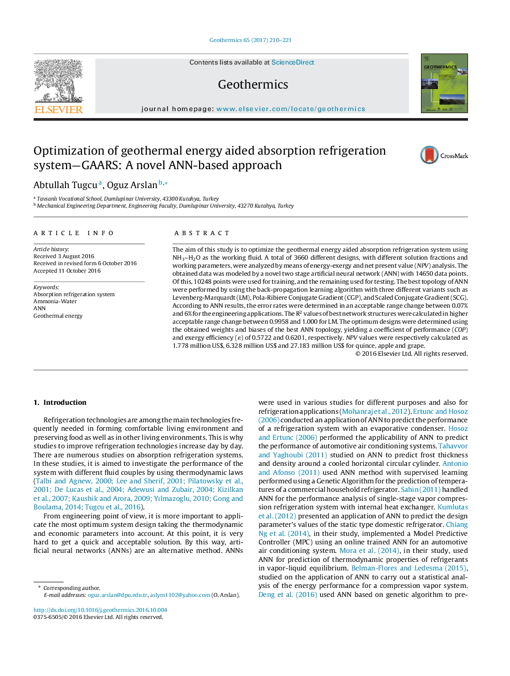 Optimization of geothermal energy aided absorption refrigeration system-GAARS: A novel ANN-based approach