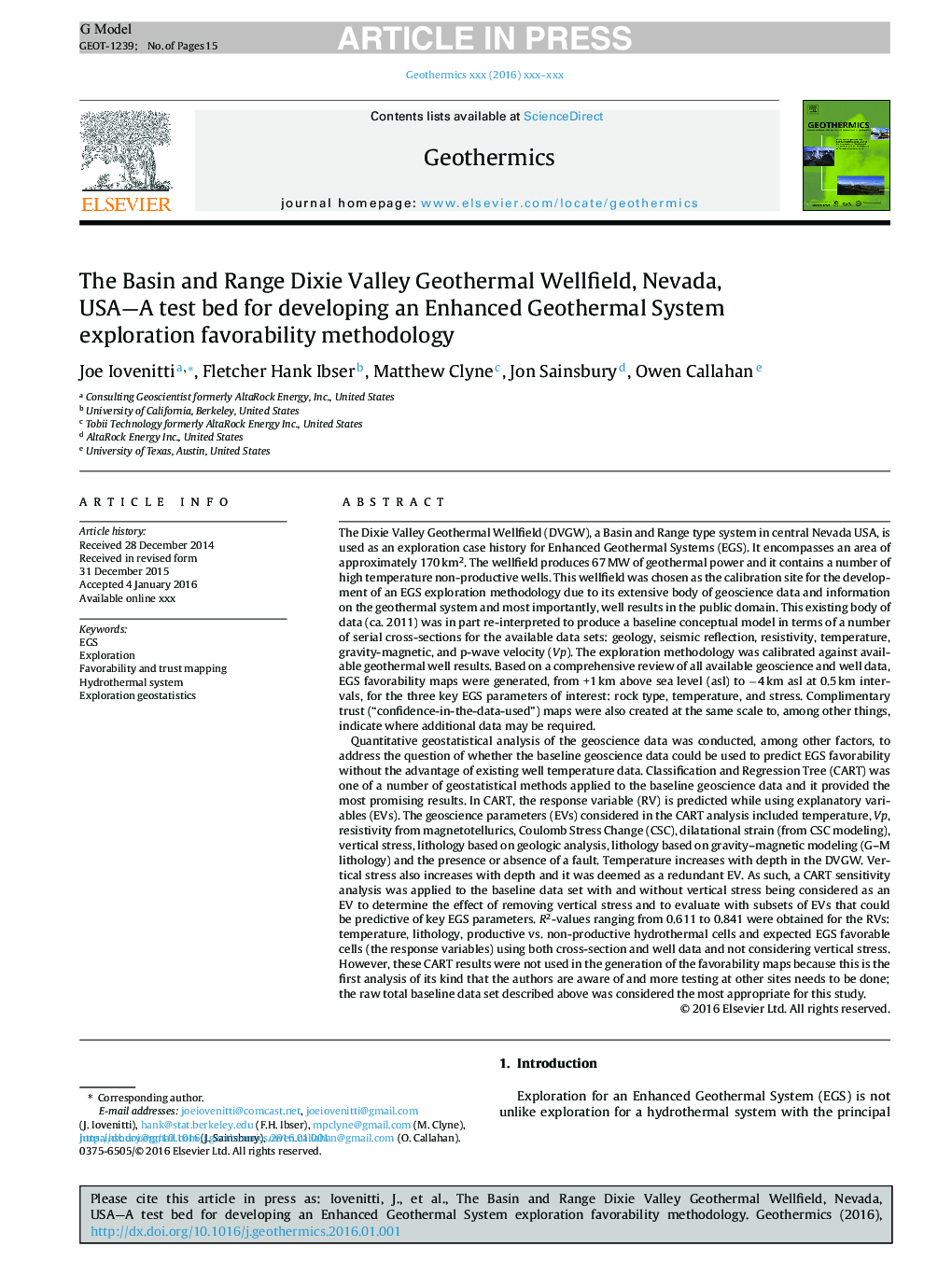 The Basin and Range Dixie Valley Geothermal Wellfield, Nevada, USA-A test bed for developing an Enhanced Geothermal System exploration favorability methodology