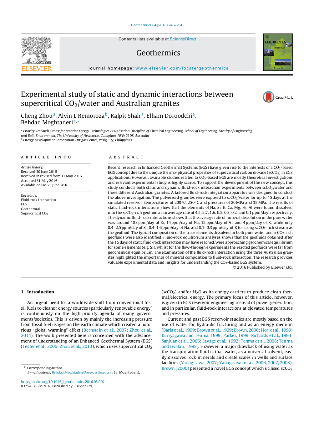 Experimental study of static and dynamic interactions between supercritical CO2/water and Australian granites