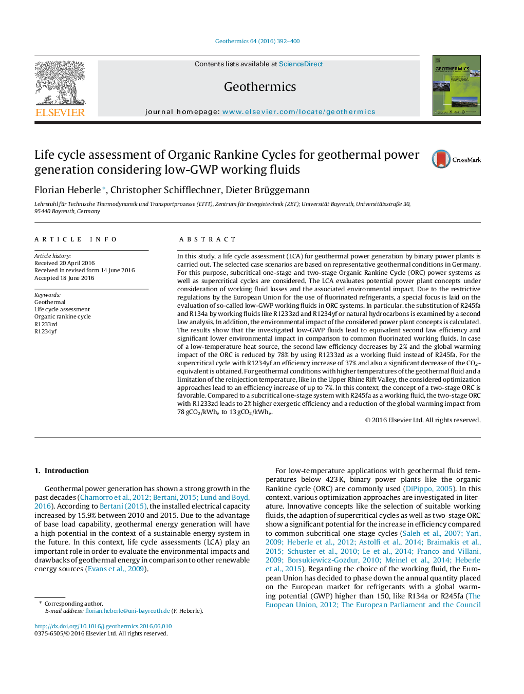 Life cycle assessment of Organic Rankine Cycles for geothermal power generation considering low-GWP working fluids