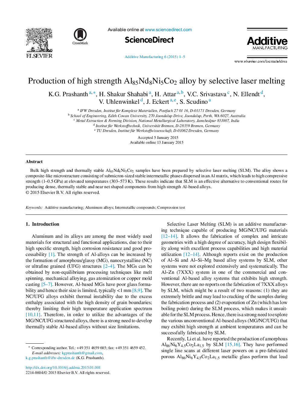 Production of high strength Al85Nd8Ni5Co2 alloy by selective laser melting