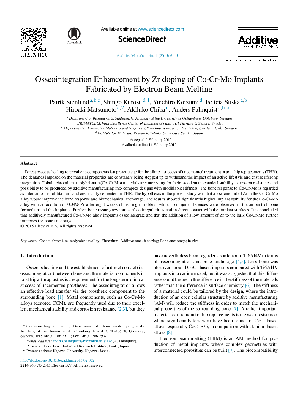 Osseointegration Enhancement by Zr doping of Co-Cr-Mo Implants Fabricated by Electron Beam Melting