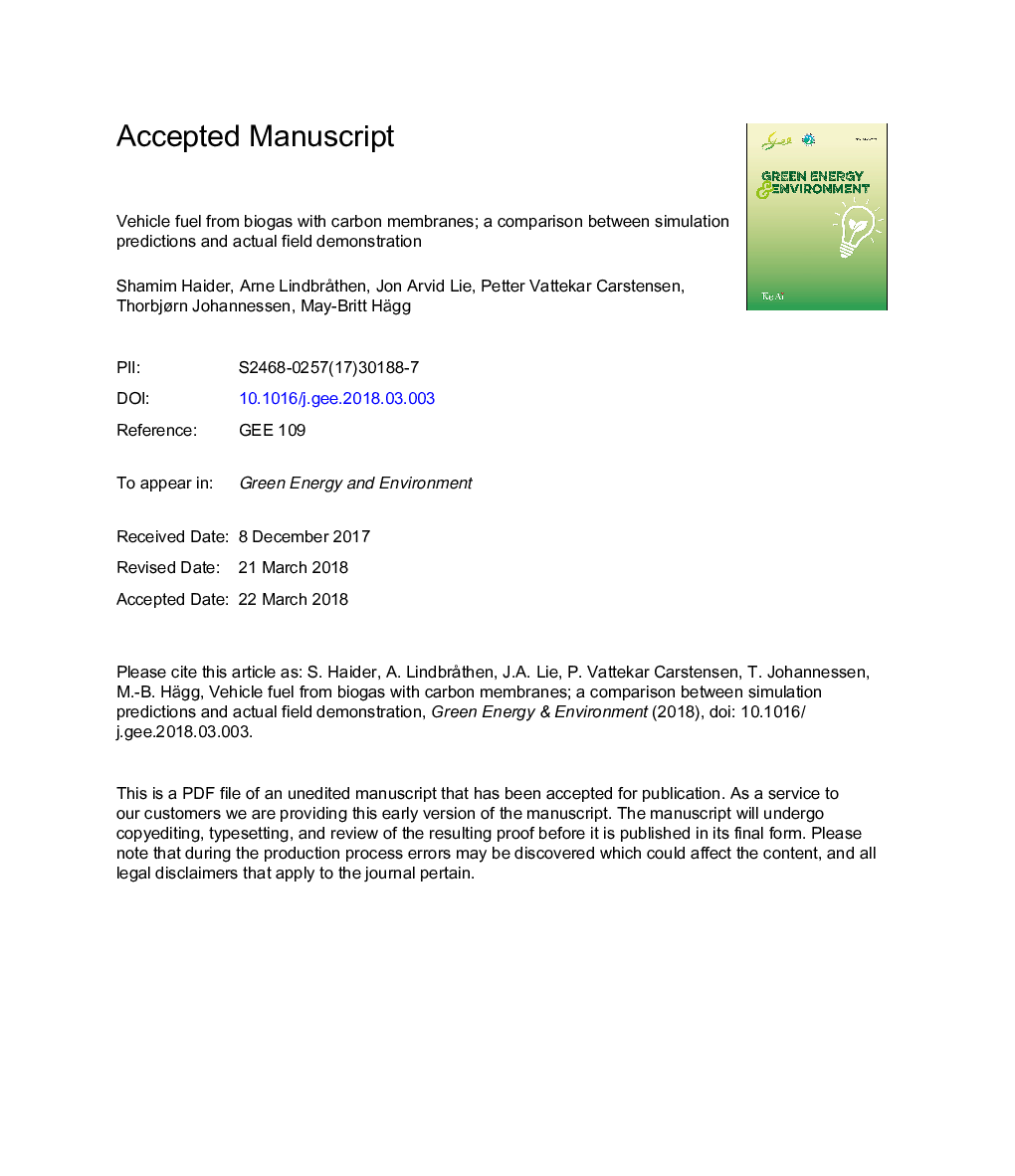 Vehicle fuel from biogas with carbon membranes; a comparison between simulation predictions and actual field demonstration