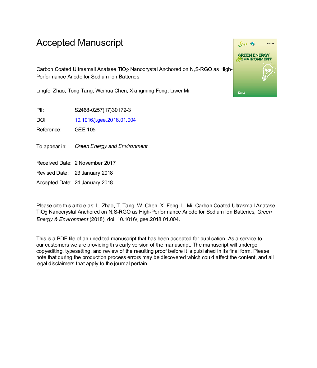 Carbon coated ultrasmall anatase TiO2 nanocrystal anchored on N,S-RGO as high-performance anode for sodium ion batteries