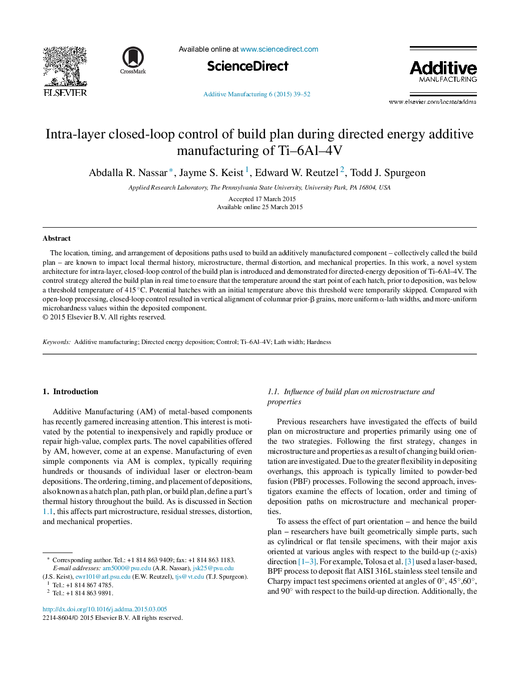 Intra-layer closed-loop control of build plan during directed energy additive manufacturing of Ti–6Al–4V