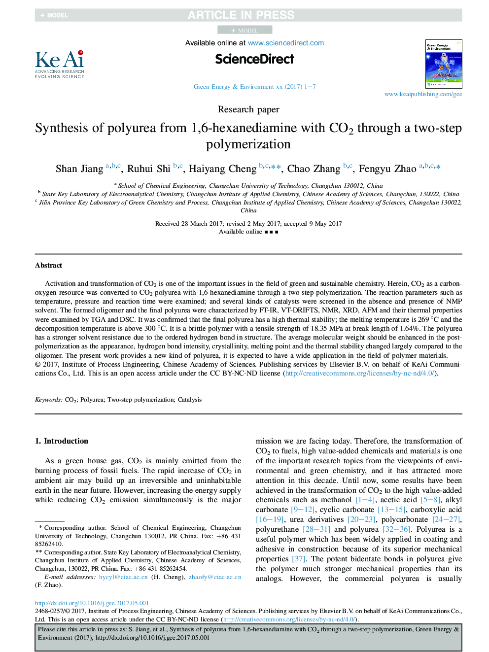 Synthesis of polyurea from 1,6-hexanediamine with CO2 through a two-step polymerization