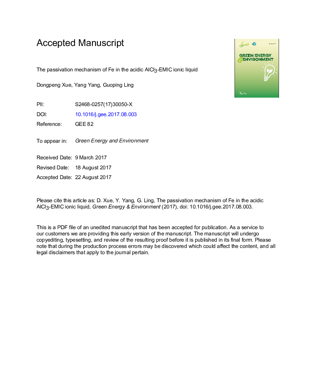 The passivation mechanism of Fe in the acidic AlCl3-EMIC ionic liquid