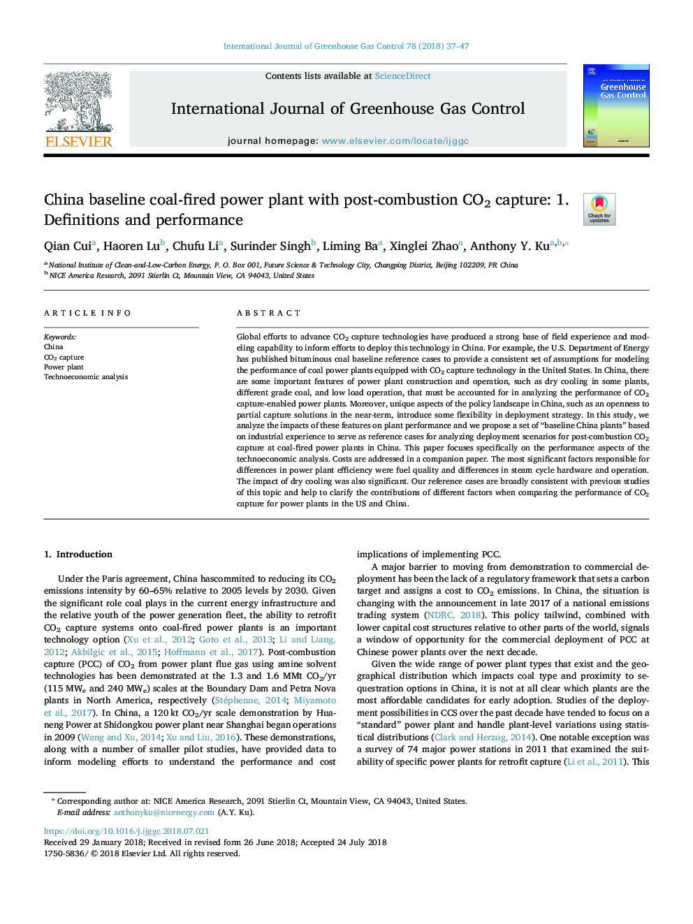 China baseline coal-fired power plant with post-combustion CO2 capture: 1. Definitions and performance