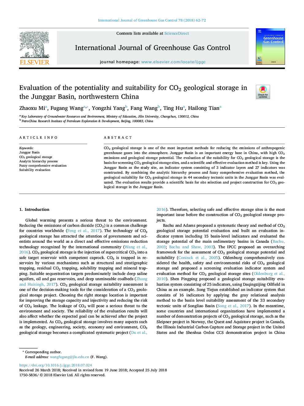 Evaluation of the potentiality and suitability for CO2 geological storage in the Junggar Basin, northwestern China