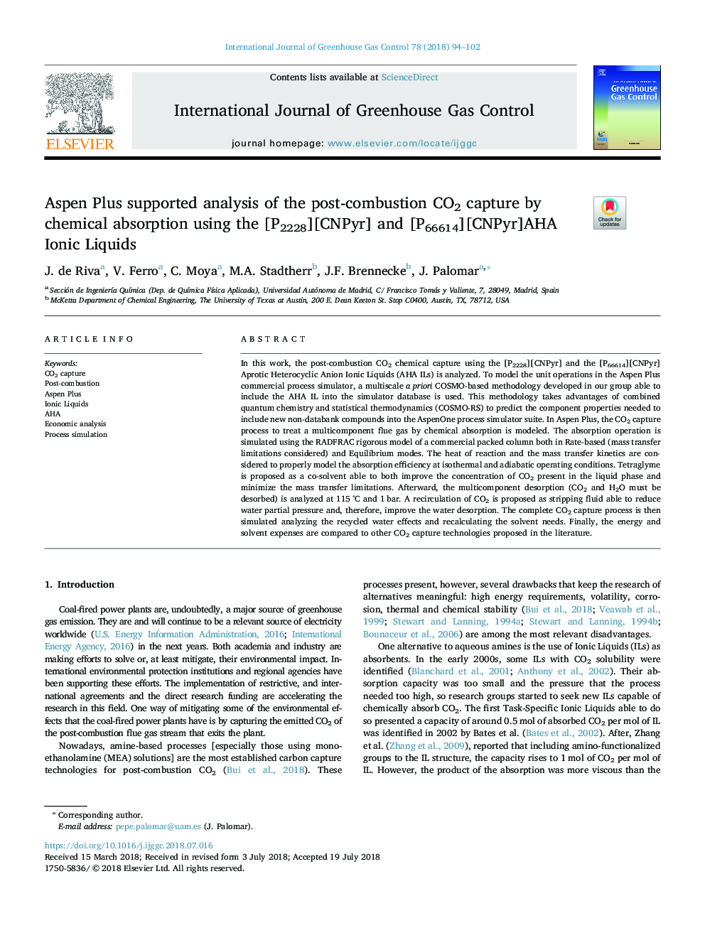 Aspen Plus supported analysis of the post-combustion CO2 capture by chemical absorption using the [P2228][CNPyr] and [P66614][CNPyr]AHA Ionic Liquids