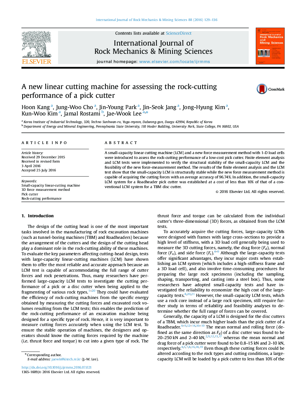 A new linear cutting machine for assessing the rock-cutting performance of a pick cutter