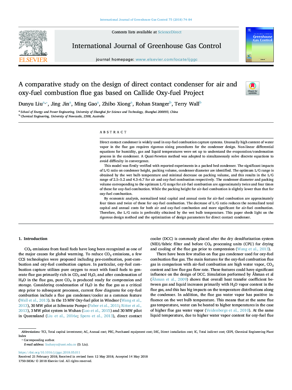 A comparative study on the design of direct contact condenser for air and oxy-fuel combustion flue gas based on Callide Oxy-fuel Project