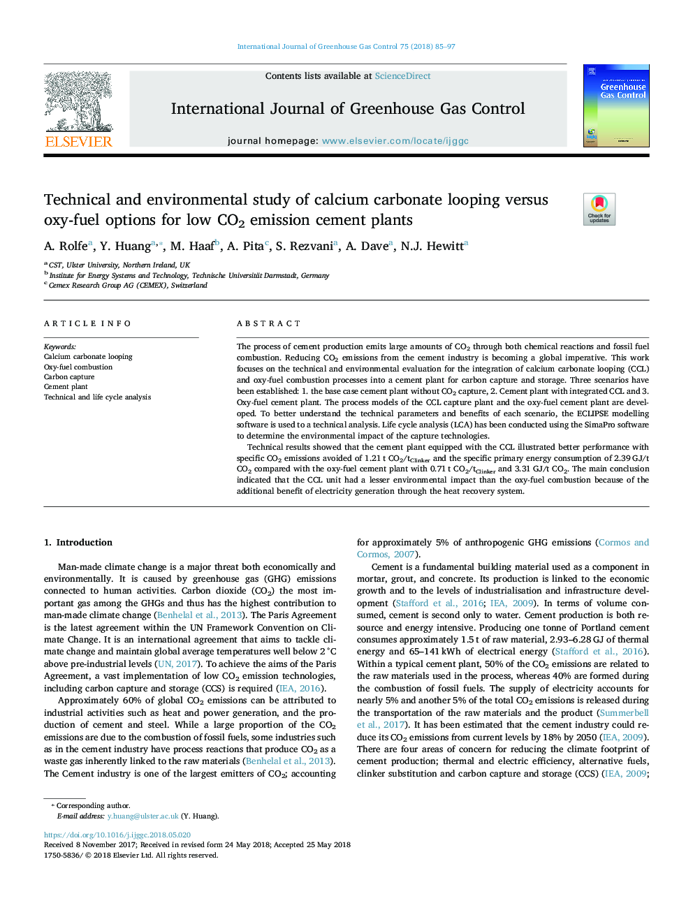 Technical and environmental study of calcium carbonate looping versus oxy-fuel options for low CO2 emission cement plants