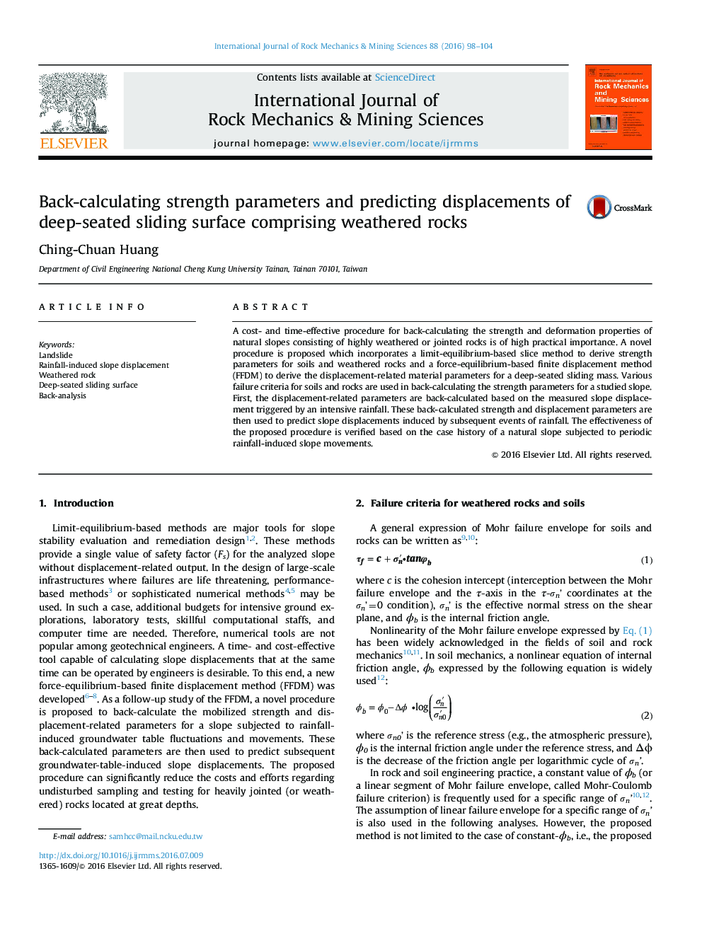 Back-calculating strength parameters and predicting displacements of deep-seated sliding surface comprising weathered rocks