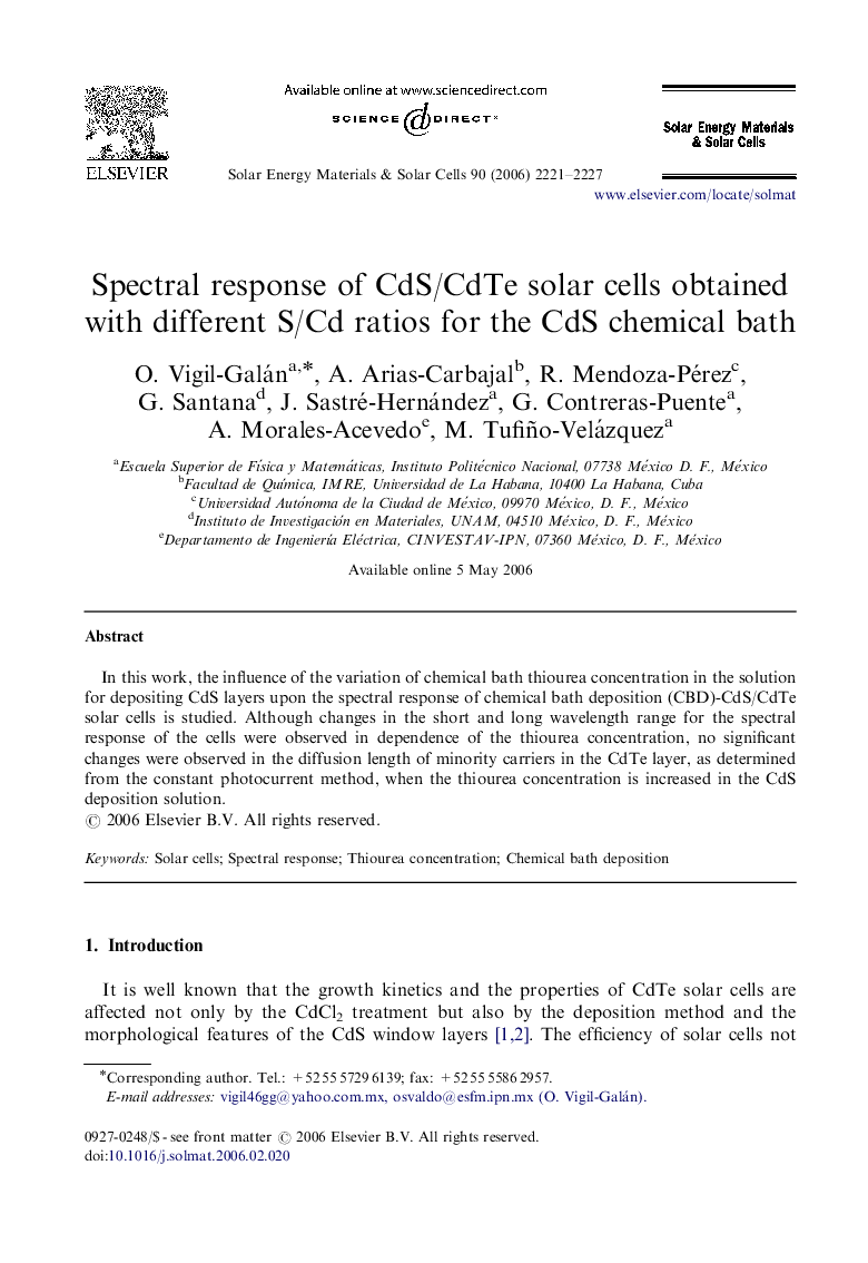 Spectral response of CdS/CdTe solar cells obtained with different S/Cd ratios for the CdS chemical bath