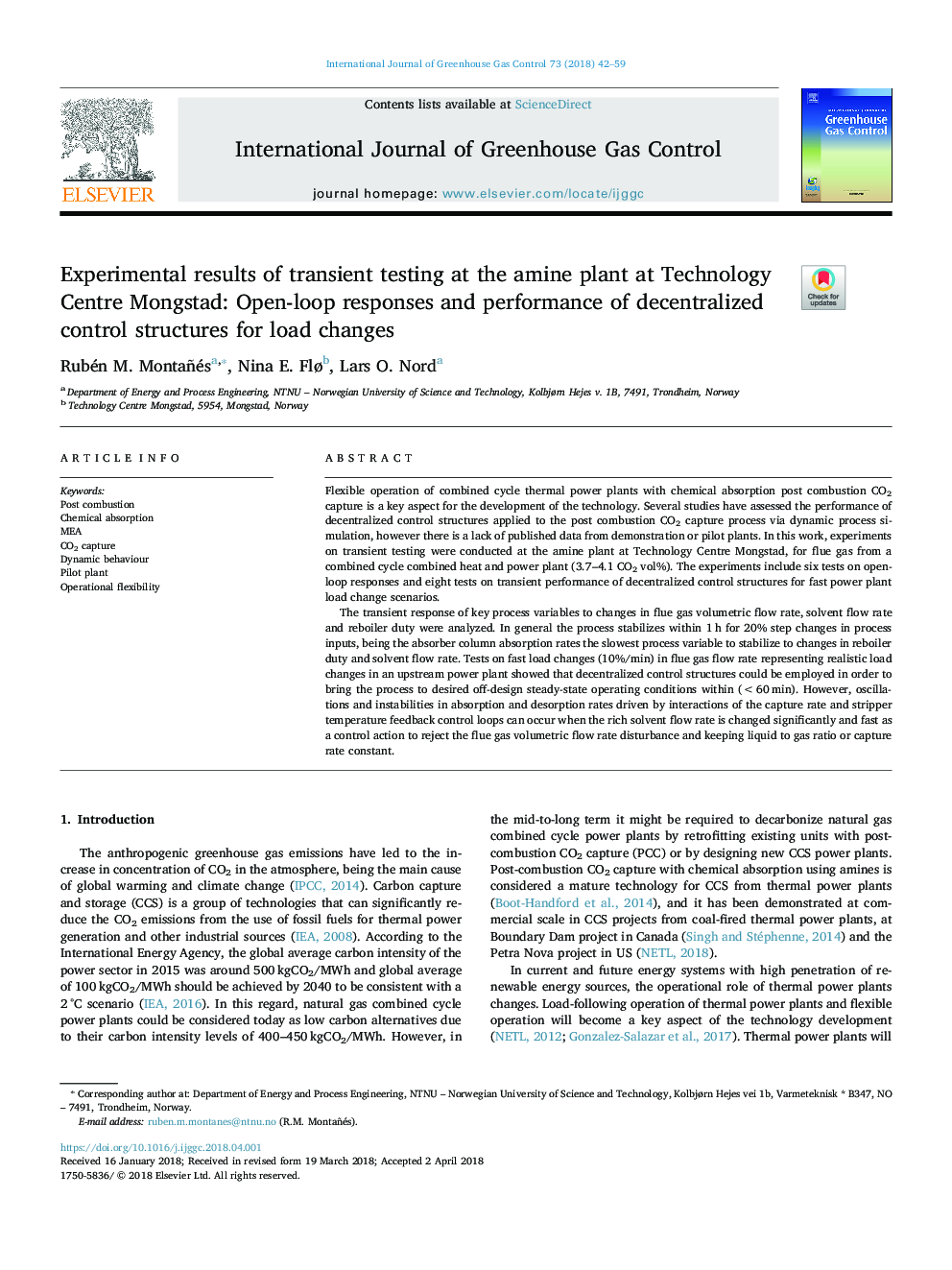 Experimental results of transient testing at the amine plant at Technology Centre Mongstad: Open-loop responses and performance of decentralized control structures for load changes