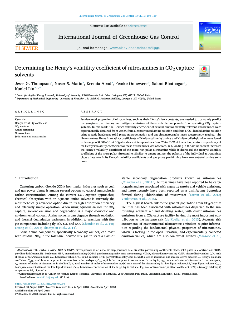 Determining the Henry's volatility coefficient of nitrosamines in CO2 capture solvents