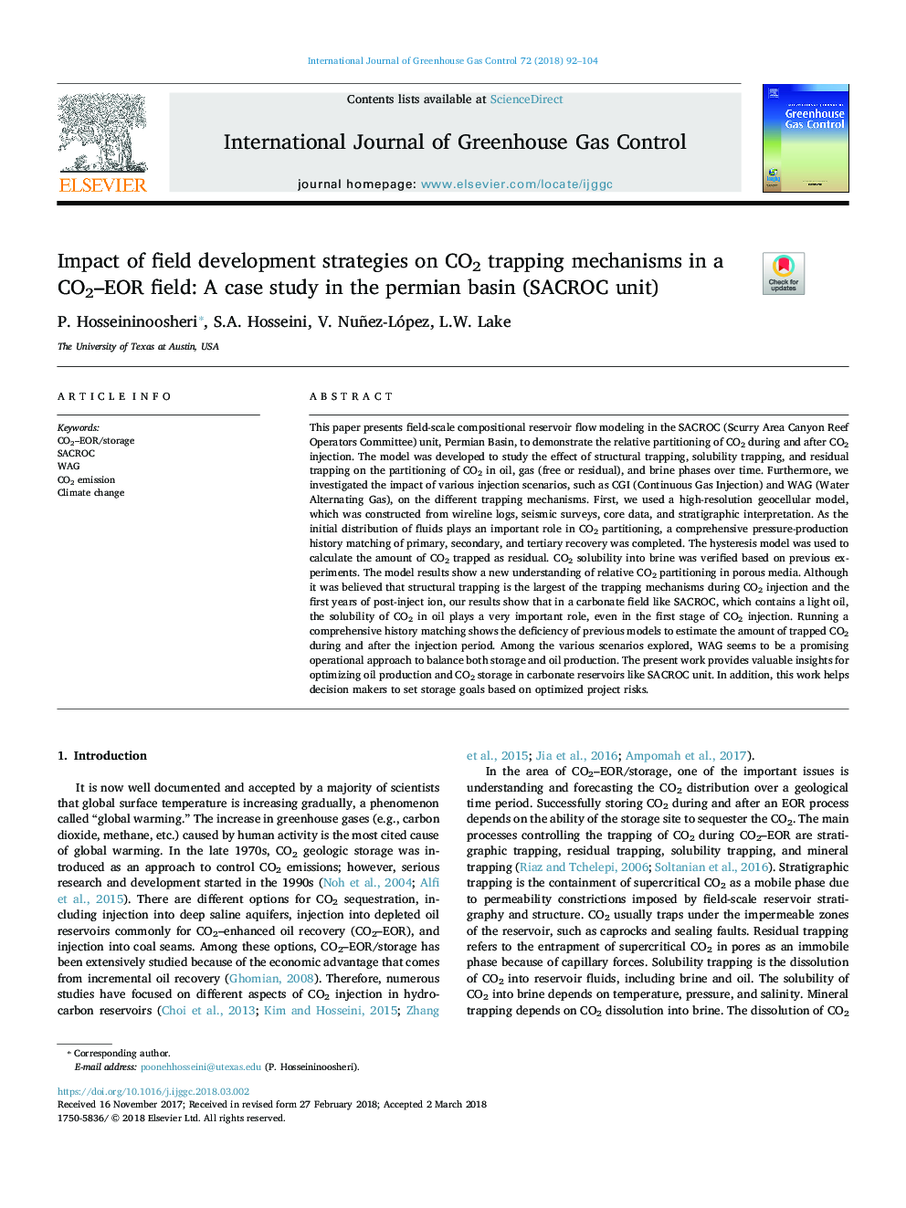 Impact of field development strategies on CO2 trapping mechanisms in a CO2-EOR field: A case study in the permian basin (SACROC unit)