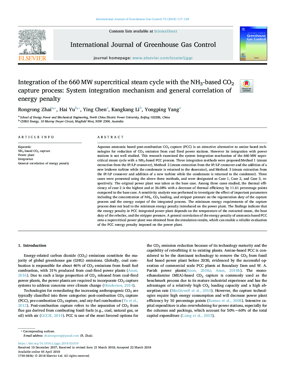 Integration of the 660â¯MW supercritical steam cycle with the NH3-based CO2 capture process: System integration mechanism and general correlation of energy penalty